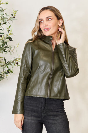 Army green faux leather biker jacket with zip front and stand collar.