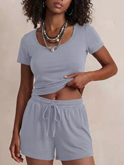 Blue scoop-neck tee and drawstring shorts set, comfortable loungewear for women.