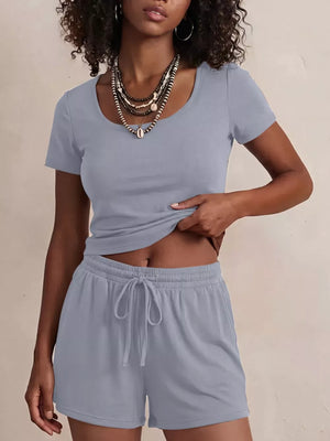 Blue scoop-neck tee and drawstring shorts set, comfortable loungewear for women.