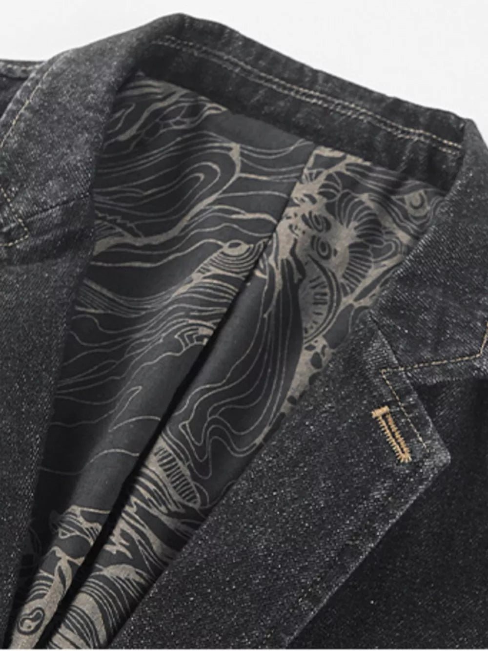 Men's black denim blazer with patterned lining and button detail