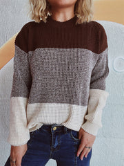 Colorblock textured knit pullover sweater with mock neck and long sleeves in brown, grey, and cream.