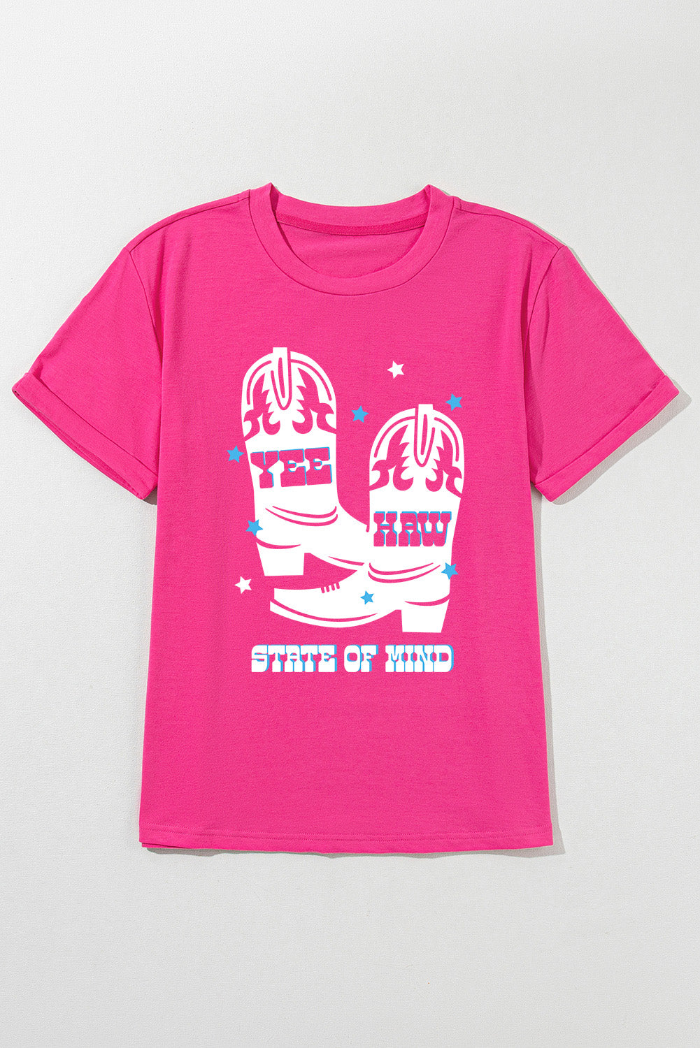 Hot pink t-shirt with white cowboy boots graphic and "Yee Haw State of Mind" text.
