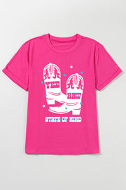 Hot pink t-shirt with white cowboy boots graphic and "Yee Haw State of Mind" text.