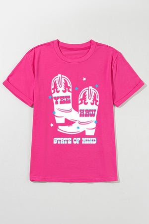 Hot pink t-shirt with white cowboy boots graphic and "Yee Haw State of Mind" text.