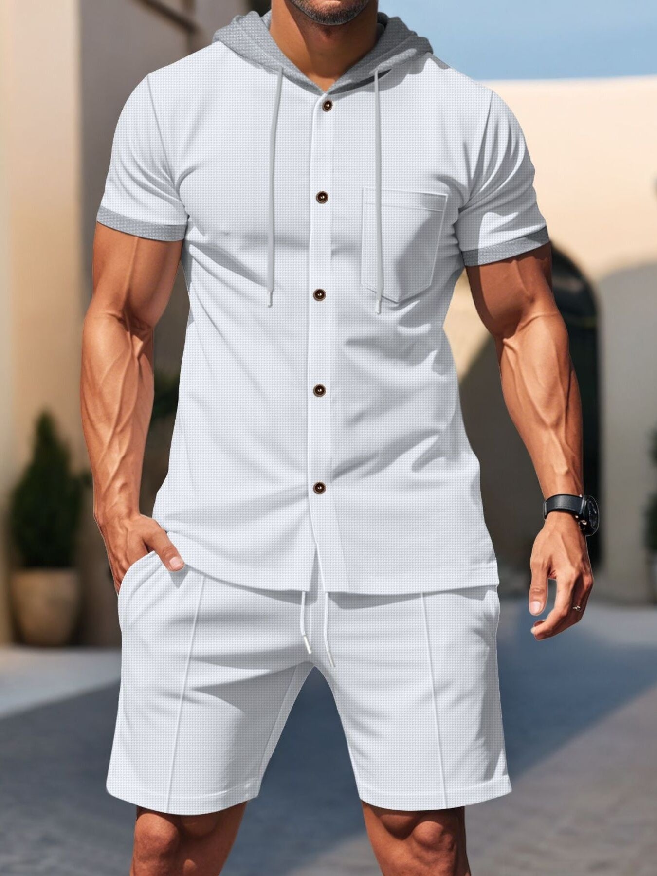 White hooded short sleeve button-down shirt with pocket and drawstring shorts set