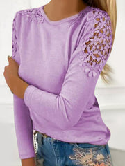 Purple long sleeve top with lace yoke and sleeve detail