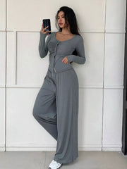 Gray button-down ruched top and wide-leg pants set