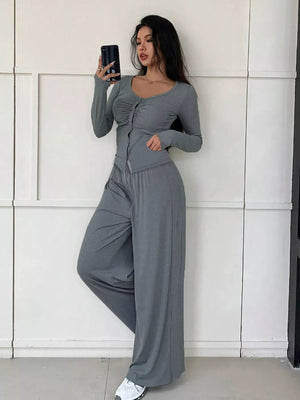 Gray button-down ruched top and wide-leg pants set
