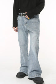 Medium wash flared denim jeans with sculpted seam detail