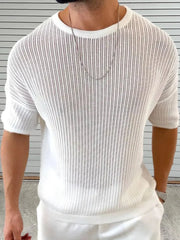 White open-knit boxy sleeve sweater with a crew neck and ribbed details.
