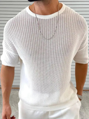 White open-knit boxy sleeve sweater with a crew neck and ribbed details.