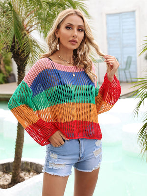 Rainbow mesh cover-up with flared sleeves and a scoop neck, styled with denim shorts.