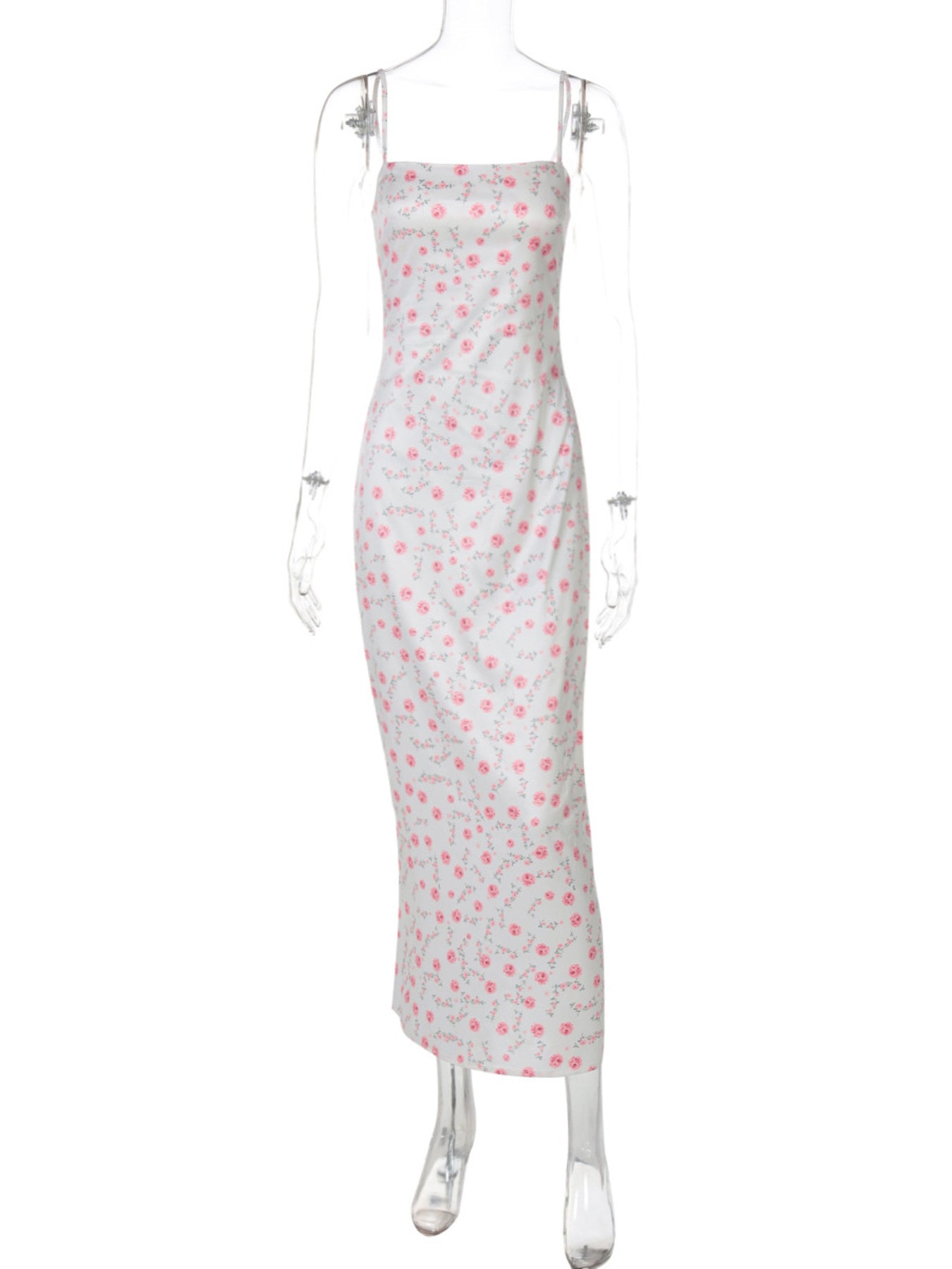 White midi dress with pink floral print and spaghetti straps