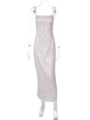 White midi dress with pink floral print and spaghetti straps