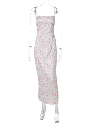 White midi dress with pink floral print and spaghetti straps