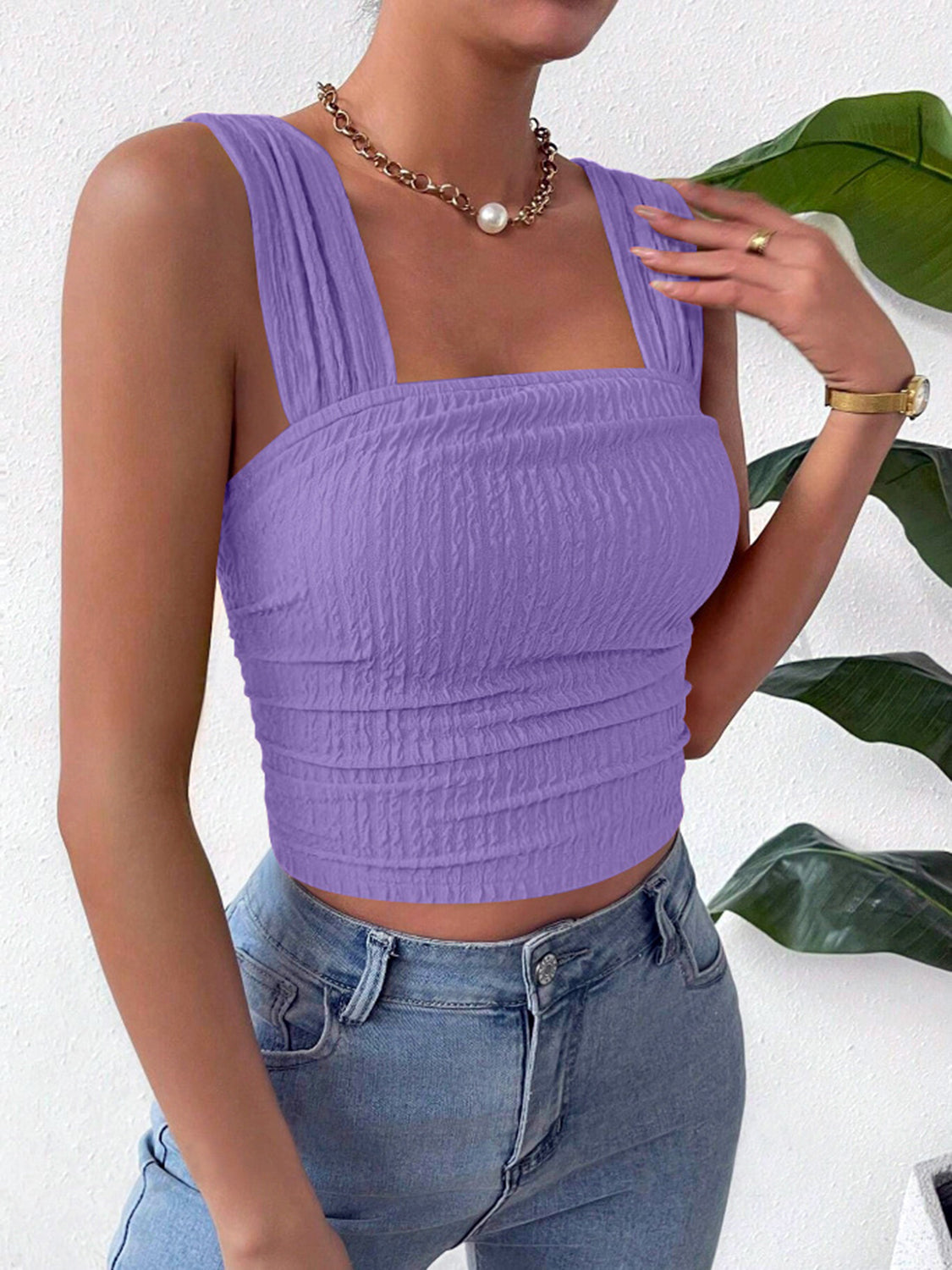 Lavender textured crinkle strap crop top with square neckline