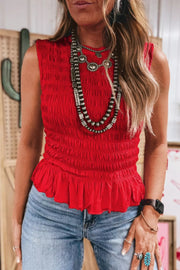 Textured ruffle hem smocked tank top in deep red with a peplum hem.