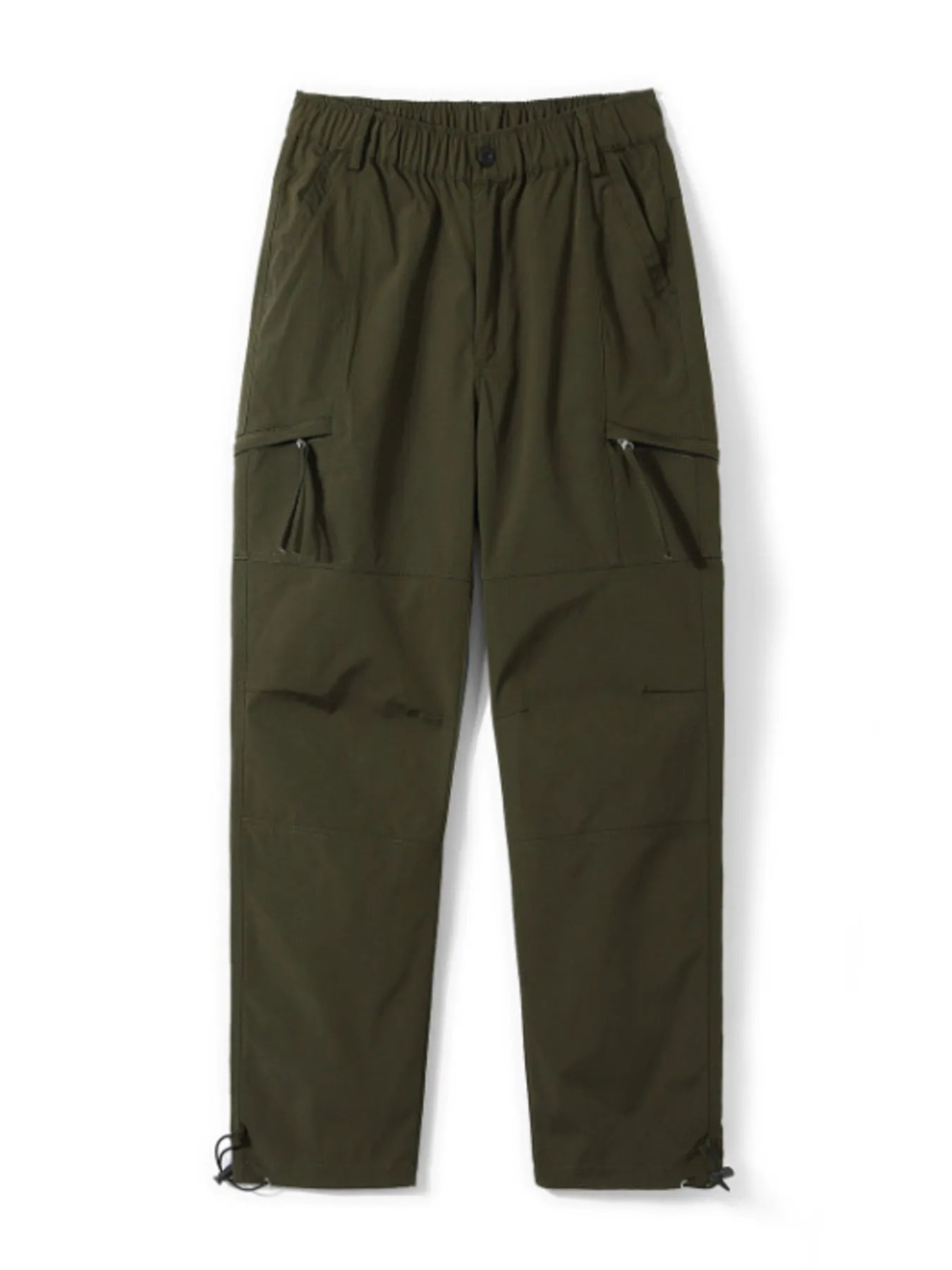 Relaxed fit green cargo pants with multiple zippered pockets and adjustable ankle cuffs.