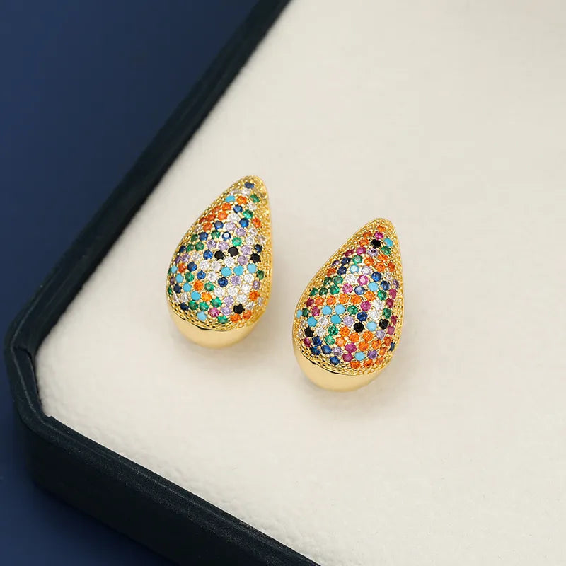 Pave teardrop stud earrings with gold base and colorful stones