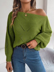 Off-the-shoulder knit sweater in Moss green with openwork detail and balloon sleeves.