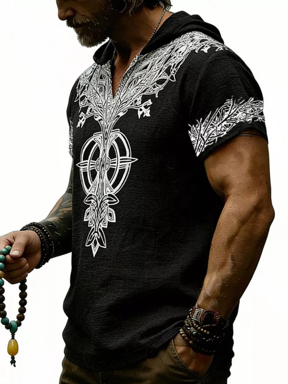 Men's Full Size Printed Hooded Short Sleeve Top in White, editorial view