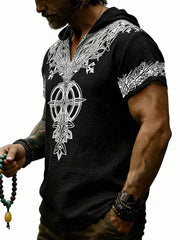 Men's Full Size Printed Hooded Short Sleeve Top in White, editorial view