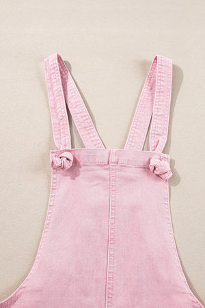 Blush pink denim short overalls with knotted strap details