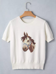 White short-sleeve sweater with horse head graphic and blue halter, acrylic and cotton blend