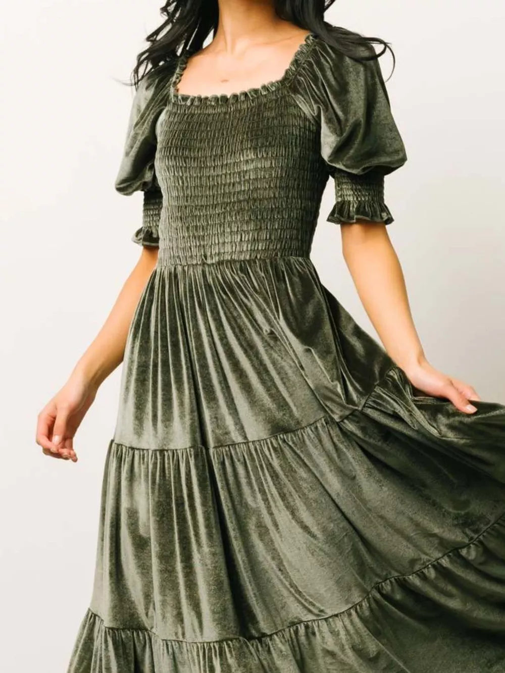 Velvet smocked midi dress in army green with ruffled square neck and puff sleeves.