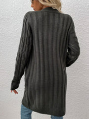 Dark Gray cable knit button-down cardigan with vertical ribbing and cable detail on sleeves.