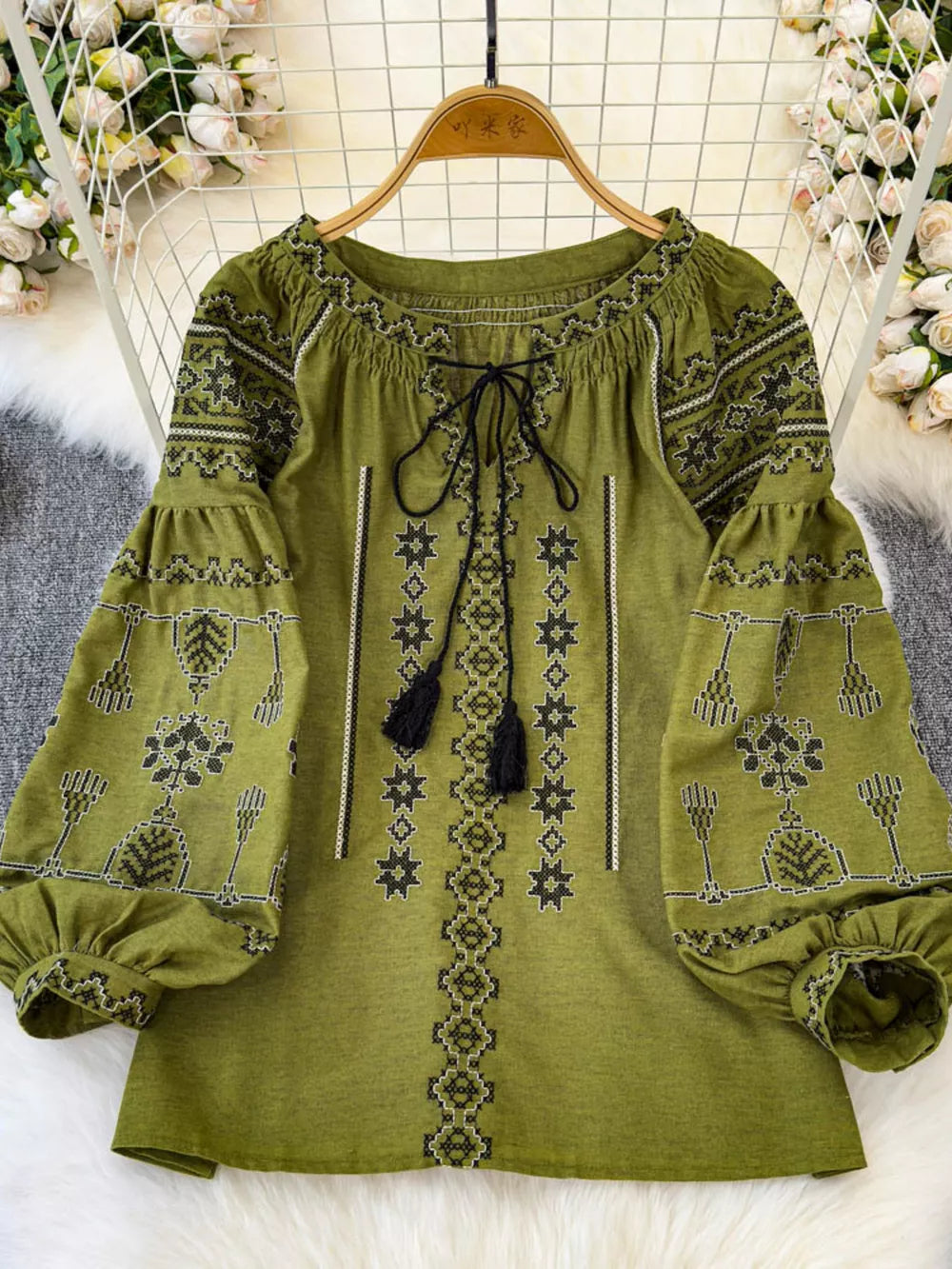Bohemian Embroidered Blouse With Tassel Tie in White, side view