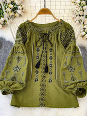 Bohemian Embroidered Blouse With Tassel Tie in White, side view