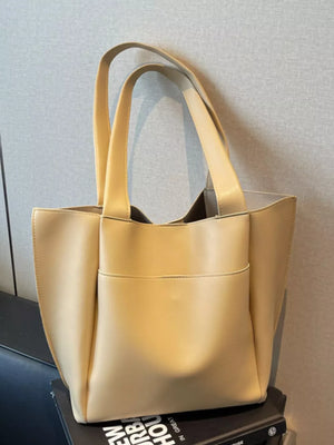 Khaki pu leather tote bag with front pocket and double handles