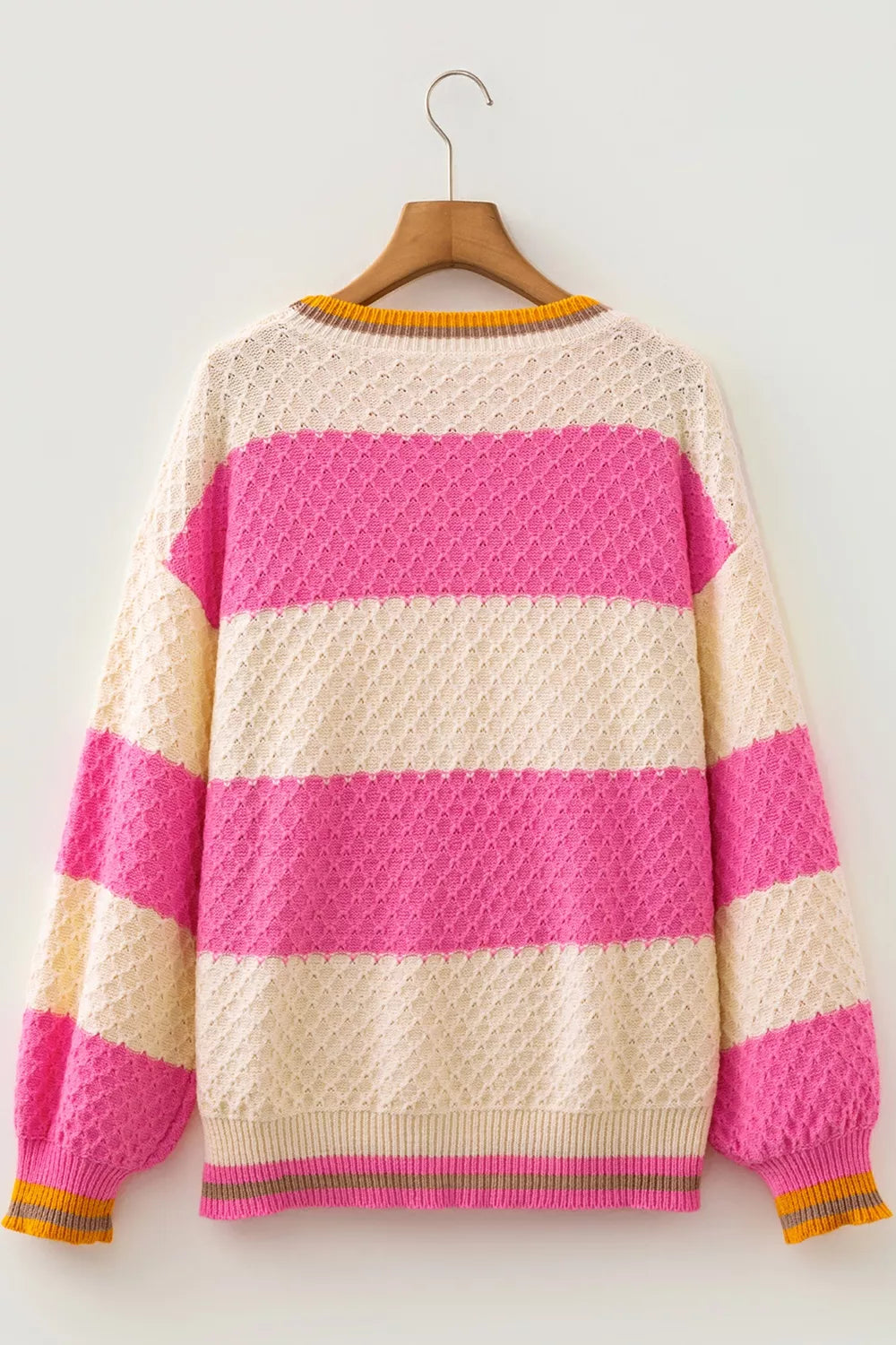 Striped Colorblock Drop Shoulder Sweater in Hot Pink, fabric detail