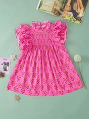 Pink floral print blouse with ruffled flutter sleeves and pintuck details