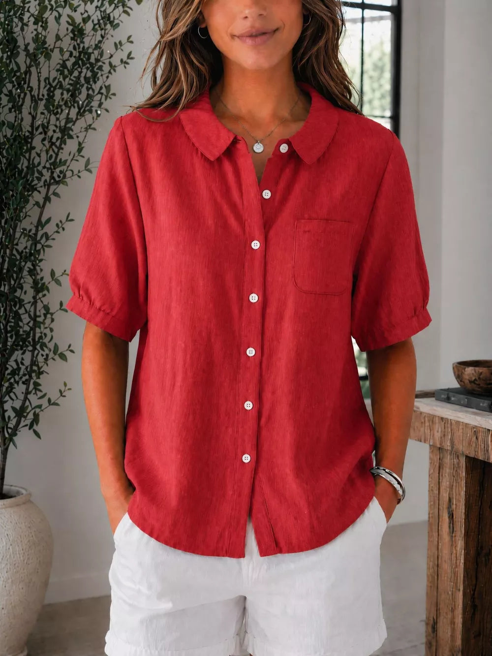 Full Size Button Up Short Sleeve Shirt Plus Size, product detail
