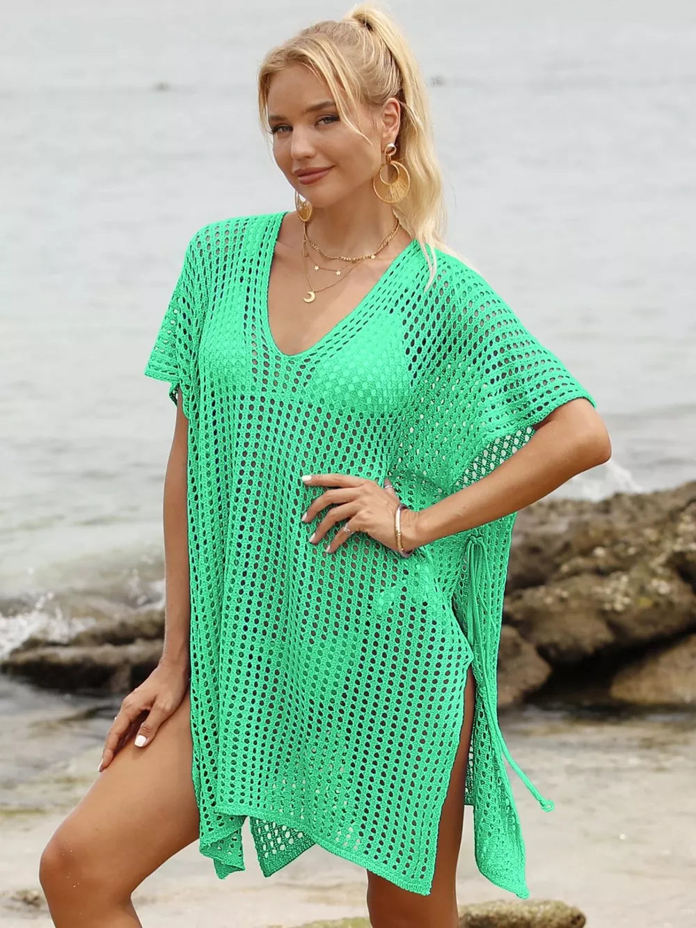 Neon Green V-neck ruched knit cover-up with side slits and drawstring detail.