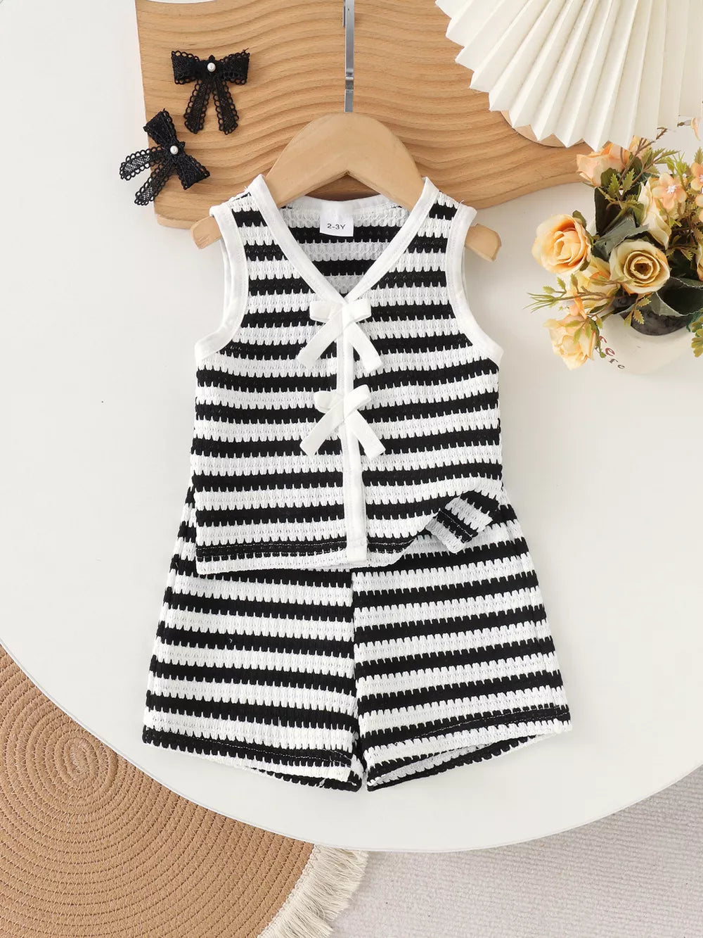 Children's Striped Knit Vest And Shorts Set in Black, front view