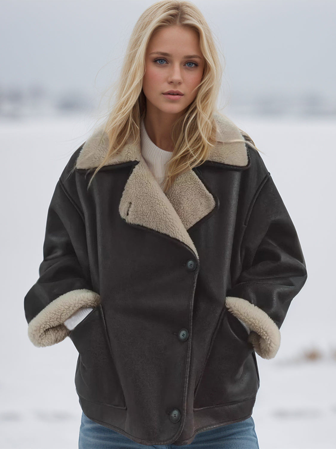 Oversized aviator jacket in chocolate brown with shearling trim and collar.