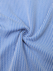 Sky blue ribbed knit romper with white vertical wavy stripes.