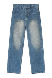 Vintage wash baggy denim trousers in medium blue with a relaxed fit.