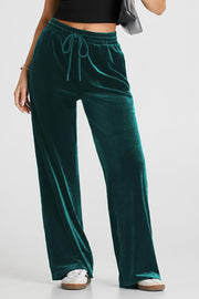 Dark green velvet palazzo lounge trousers with drawstring waist