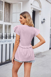 Lilac peplum blouse with flutter sleeves and subtle dot pattern, peplum hem detail