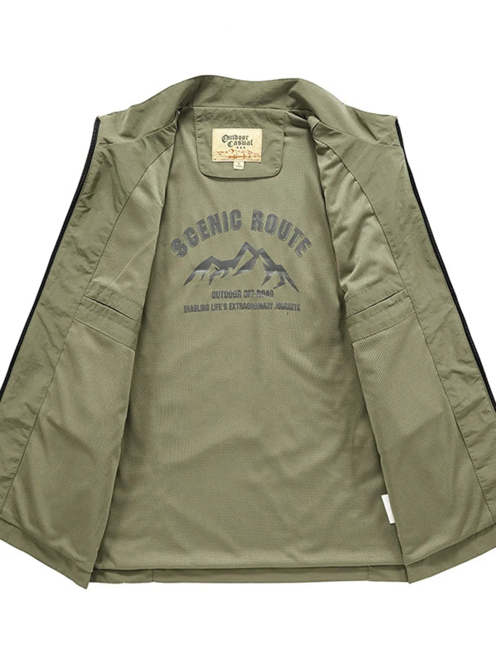 Men's plus size sage green multi-pocket vest, interior view with "Scenic Route" mountain graphic.