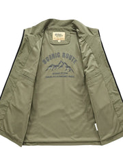 Men's plus size sage green multi-pocket vest, interior view with "Scenic Route" mountain graphic.