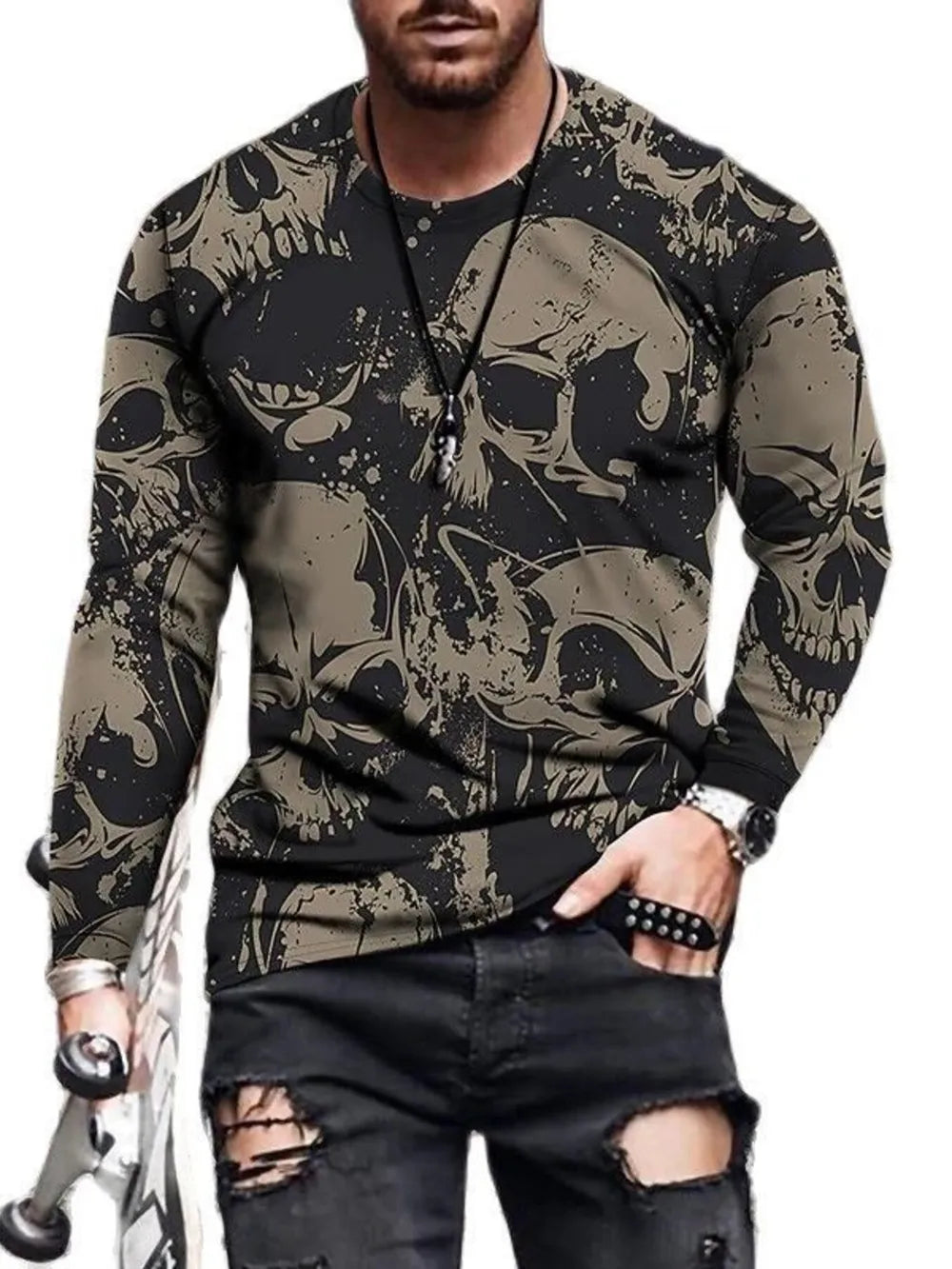 Men's Skeleton Embrace Long Sleeve T-shirt Plus Size in Chartreuse, model styling view