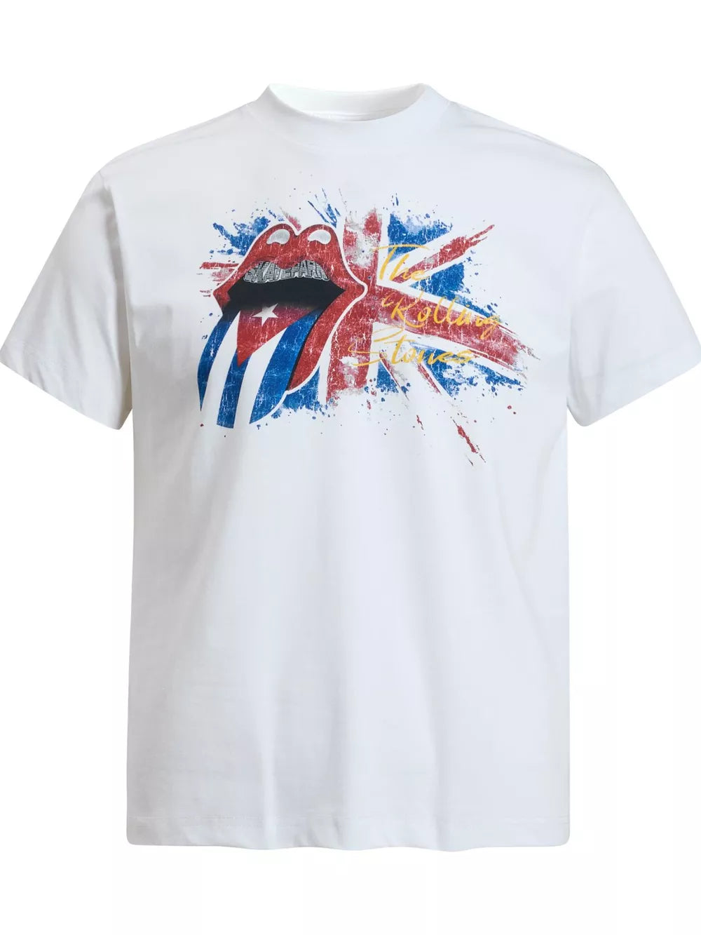 White cotton t-shirt with Rolling Stones graphic and UK flag design