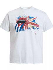 White cotton t-shirt with Rolling Stones graphic and UK flag design