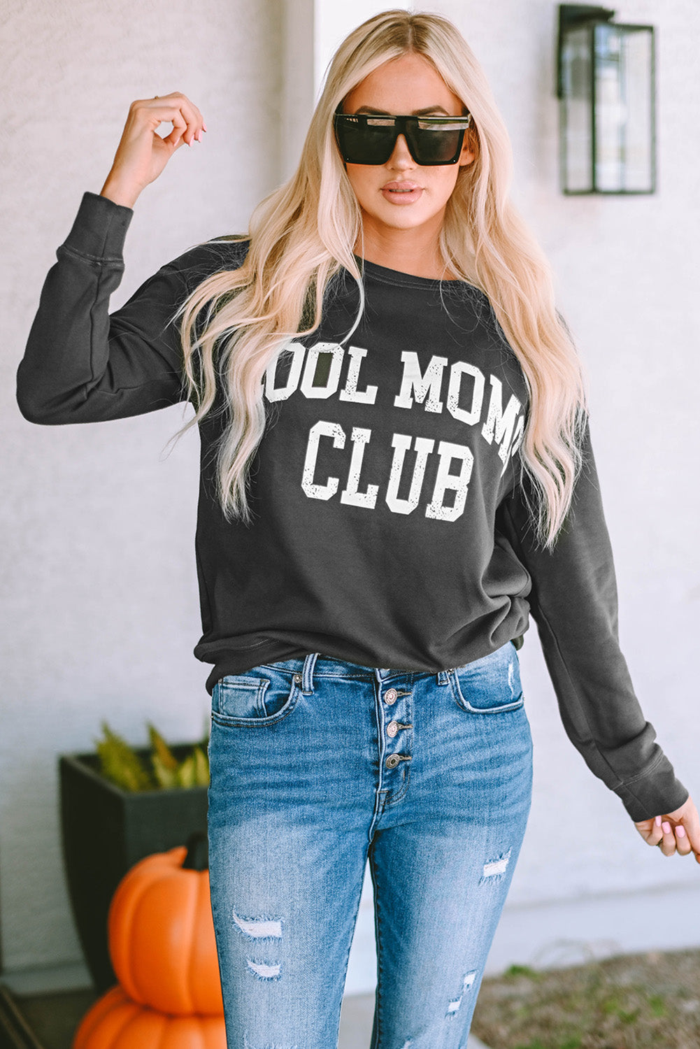 Charcoal crewneck sweatshirt with white "Cool Mom Club" graphic, casual long sleeves, relaxed fit.