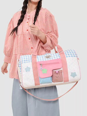 Charming Color Block Travel Bag with multiple pockets and star details.